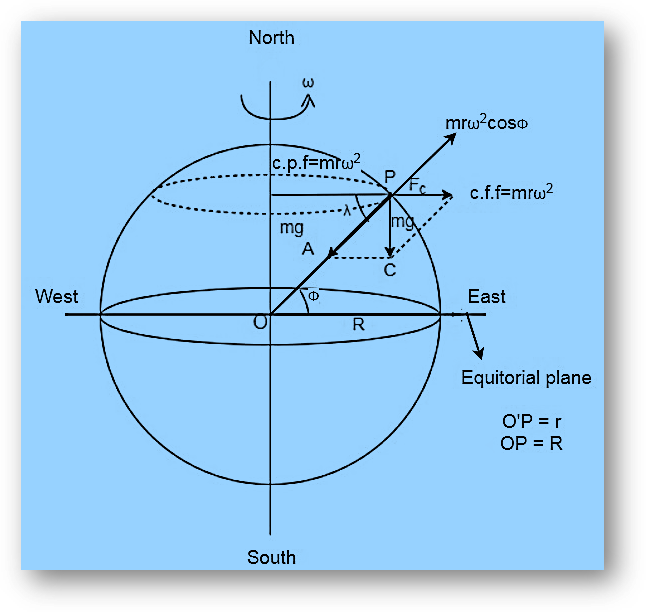 Variation of acceleration due to gravity (g) due to rotation of earth