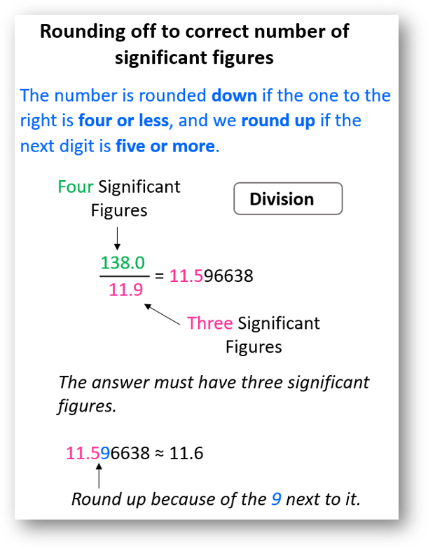 Significant figures in addition, subtraction multiplication and division-anand classes Same for the division, 138 ÷ 11. 9 = 11. 596638, and we round up the 5 to 6 because of the 9 on the right. Therefore, the answer is 11. 6.