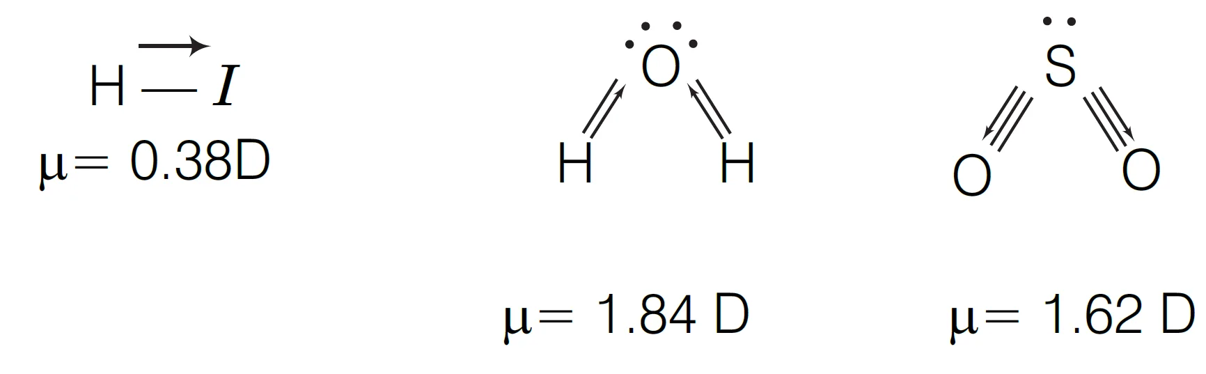 Diplole moments of hi, h2o, so2 Diplole moments of hi, h2o, so2