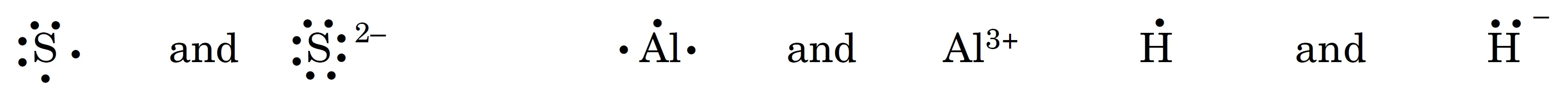 Lewis symbols for s and s2-⁻, al and al3+, h and h-