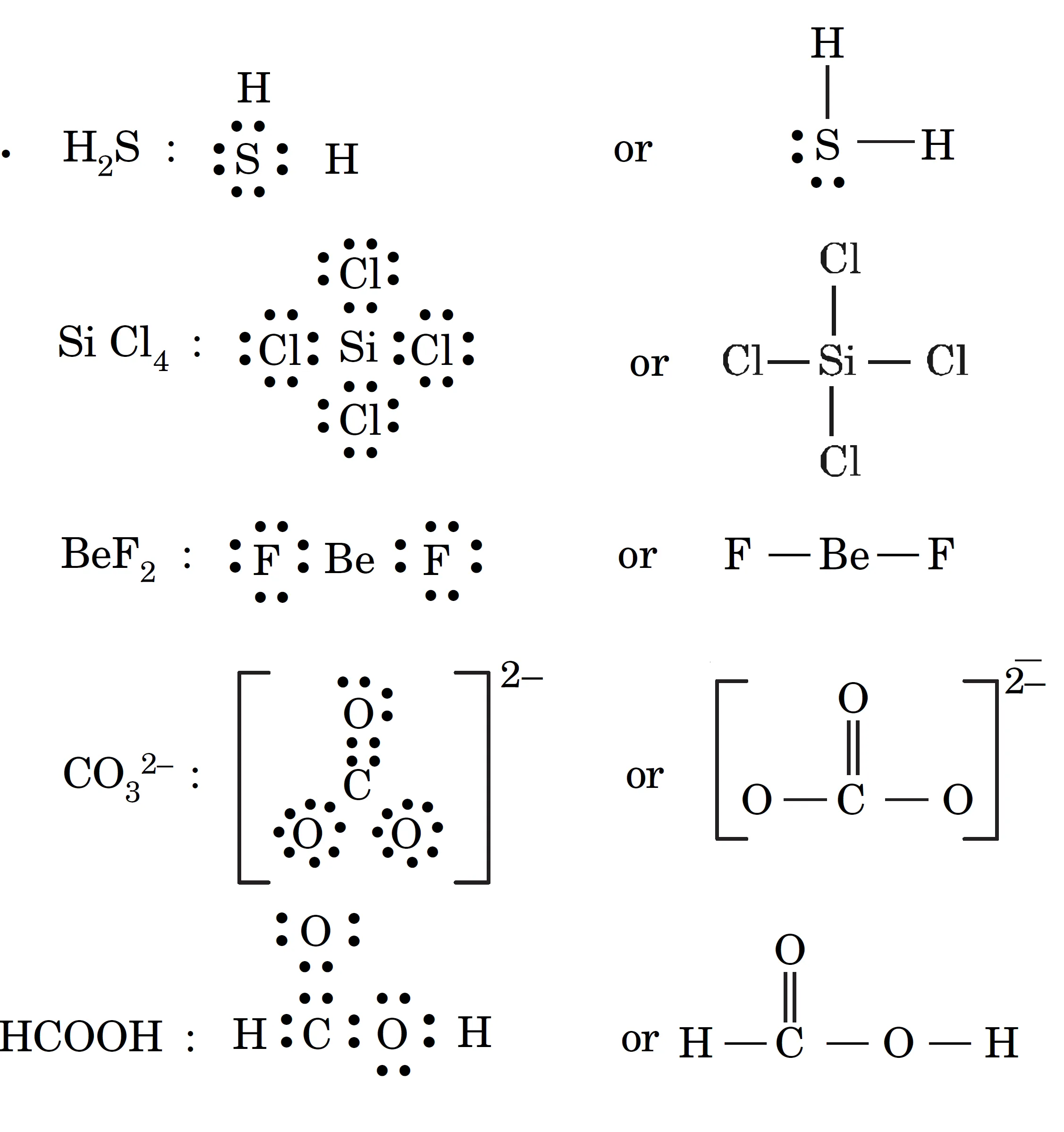 Lewis structures for h2s, sicl4, bef2, co32- and hcooh