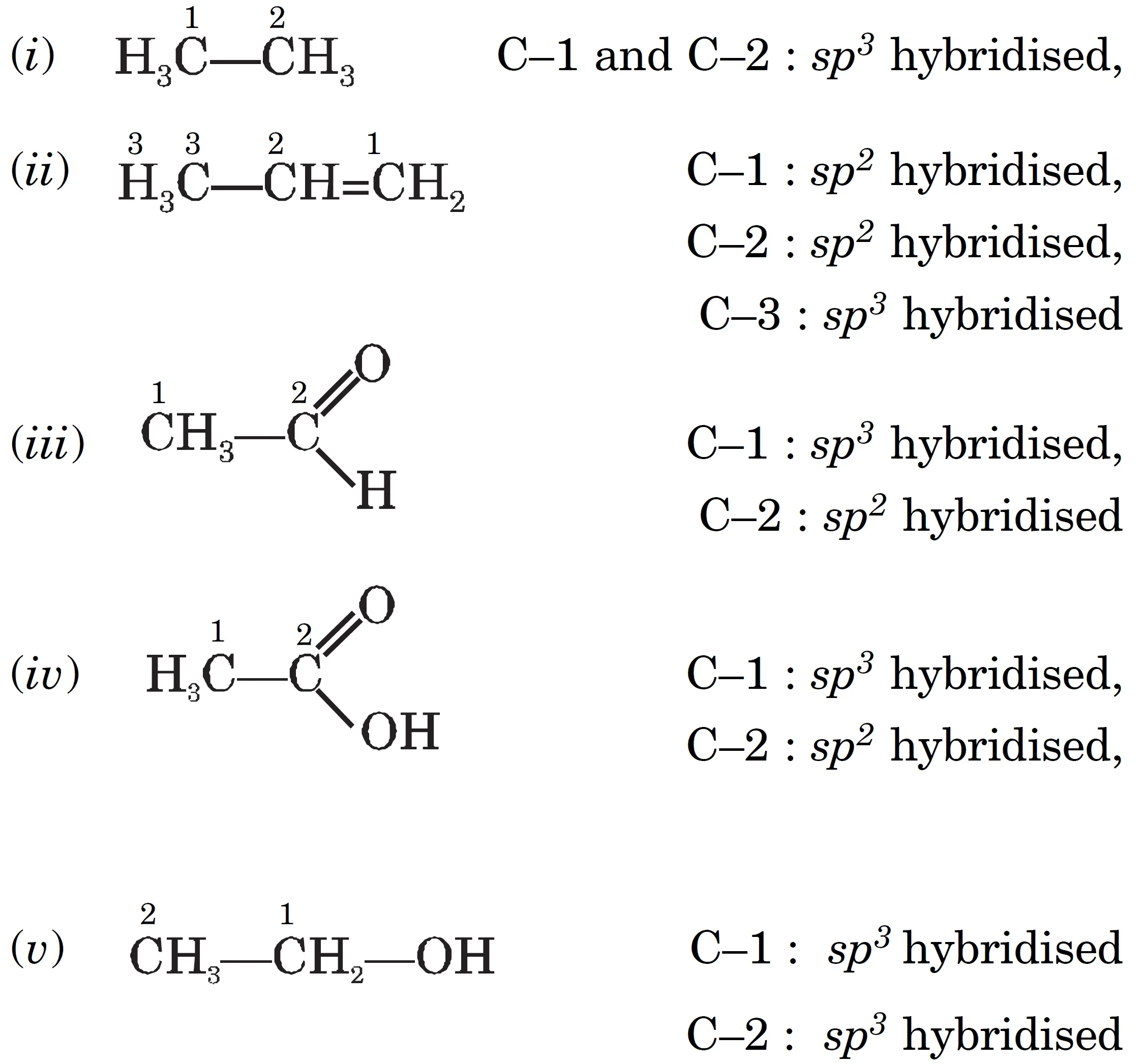 Hybrid orbitals by carbon atoms in (i) ch3–ch3 (ii) ch3–ch = ch2 (iii) ch3–cho (iv) ch3cooh (v) ch3–ch2–oh Hybrid orbitals by carbon atoms in (i) ch3–ch3 (ii) ch3–ch = ch2 (iii) ch3–cho (iv) ch3cooh (v) ch3–ch2–oh