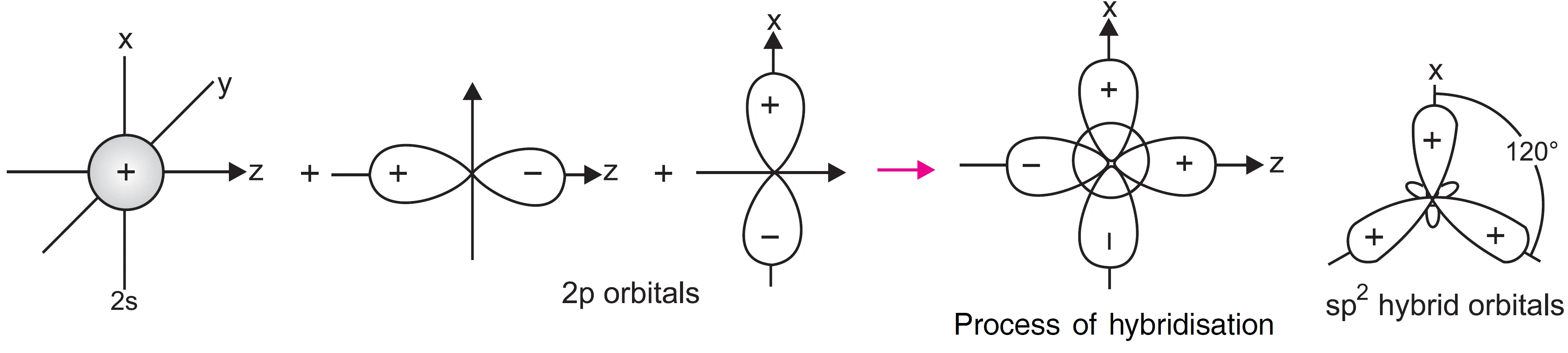 Sp2 hybridisation (formation of three sp2 hybrid orbitals)